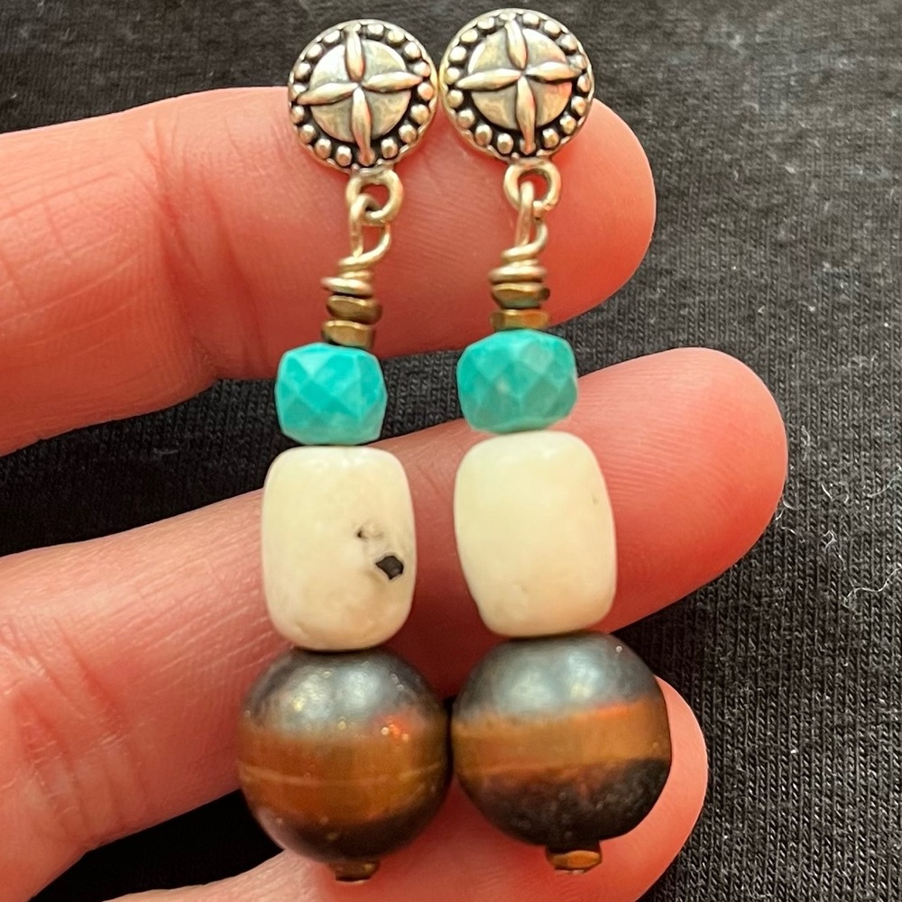 Real copper with white buffalo and turquoise Navajo pearl earrings.